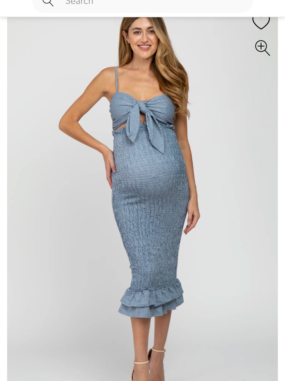 Pinkblush Blue Smocked Tie-Front Midi Dress with Ruffle Hem - bump friendly